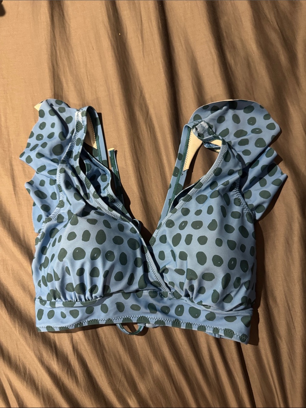 Maternity/Breastfeeding Ruffle Strap Polka Dot Bikini Top in Blue and Green